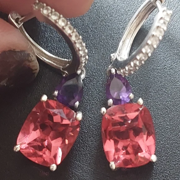 Red spinel and amethyst platinum plated earrings - Picture 1 of 6